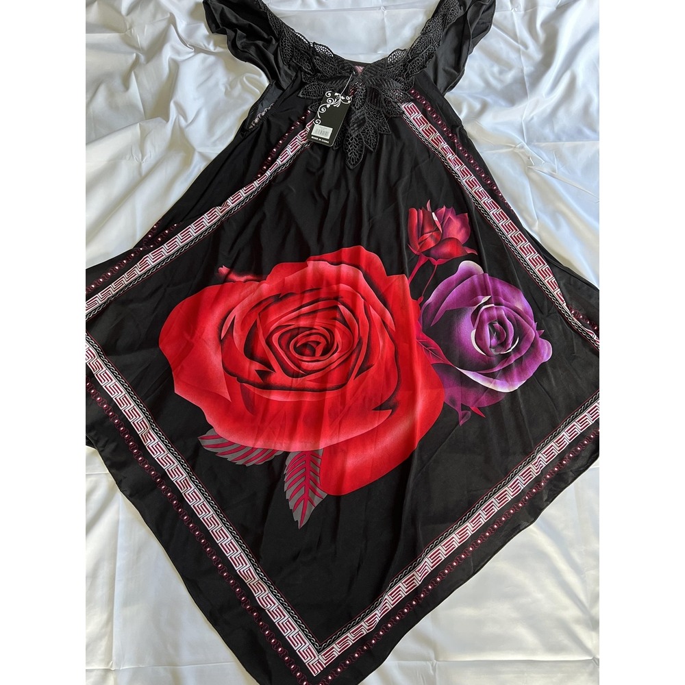 GM Fashion USA Dress Women One Size Black Red Purple Rose Floral Lace Detail NWT